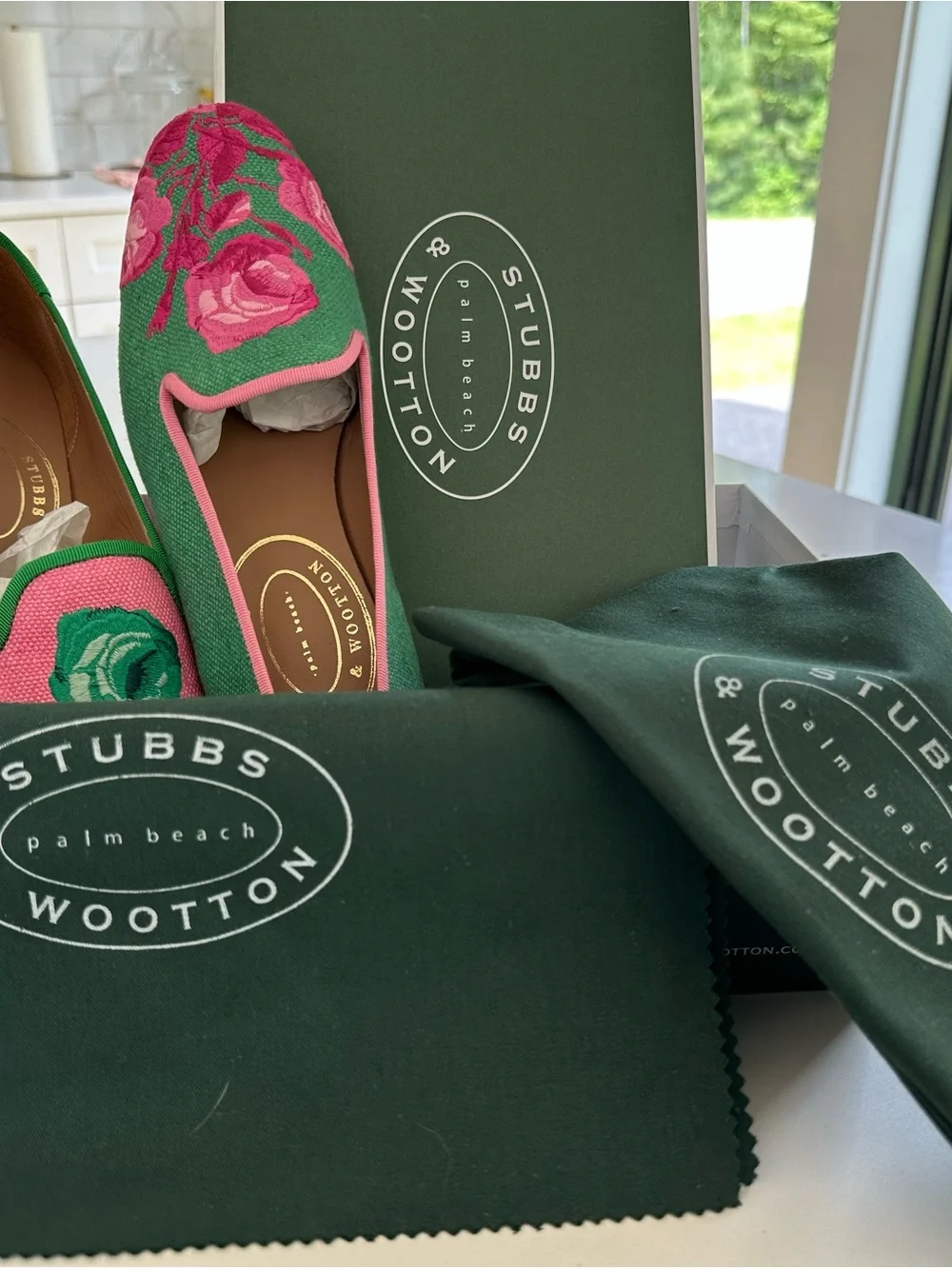 Stubbs & Wootton Pink and Green Floral Embroidered Slip-On Loafers - Picture 2 of 7